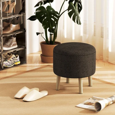 HOMCOM Round Ottoman Stool Linen Fabric Storage Wood Legs