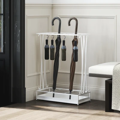 HOMCOM Paragüero Moderno de Acero con 21 Espacios y 24 Ganchos Bandeja Recogegotas Extraíble para Entrada 50x24x68 cm Blanco