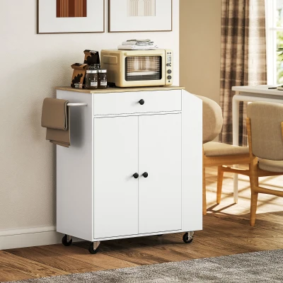 HOMCOM Ilha de Cozinha com Rodas com Gaveta Suporte para Temperos de 3 Níveis e Prateleira Ajustável 82x38x86,5 cm  Branco