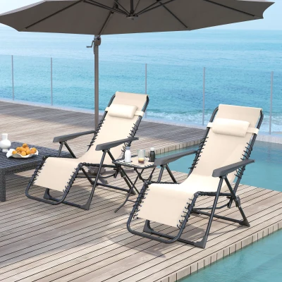 Outsunny Gartenliege Set 3-TLG. Sonnenliege mit Teetisch 2 Liegestühle Kissen, Outdoor Liege 90x56x110 cm Beige