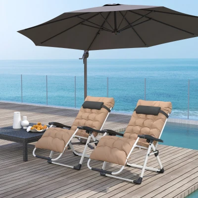 Outsunny 2 Piece Zero Gravity Loungers with Cushions Khaki
