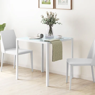 HOMCOM Quadratischer Esstisch für 4 Personen, Tischplatte aus Hartglas, für Küche und Esszimmer, 75 x 75 x 75 cm, Weiß