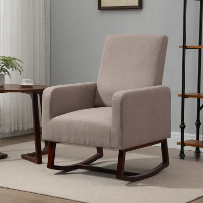 HOMCOM Poltrona Baloiço Estofada em Flanela Cadeira de Baloiço Relax com Assento Apoio para os Braços Acolchoados e Base de Madeira Ideal para Lactancia 72x75x105cm Marrom