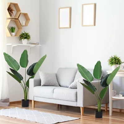 Outsunny 2 Palmas Artificiales 120 cm Plantas Artificiales Árboles Artificiales con 7 Hojas y Maceta para Decoración Hogar Verde
