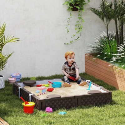 AIYAPLAY Arenero Infantil con 4 Asientos Cubierta Resistente y Diseño Abierto para Jardín Patio o Terraza 119x119x22 cm Marrón