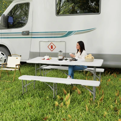 Outsunny 3-delig Picknicktafelset, 1 Tafel, 2 Banken, Opvouwbare Campingtafel met Draaghandvatten, Kunststof, Metaal, Wit