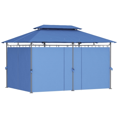 Outsunny Tonnelle 3x4m Bleu Foncé Double Toit Rideaux Amovibles