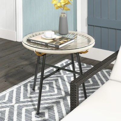 Outsunny Table Basse Ronde Rotin Métal Verre Ø50cm Crème