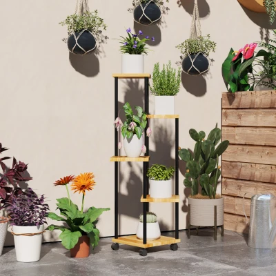 Outsunny Support Plantes 5 Niveaux Bois Naturel avec Roues
