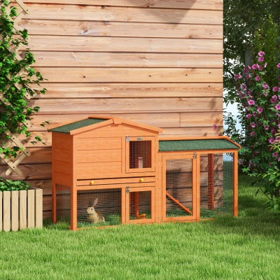 PawHut Kleintierstall, Kleintierkäfig, Outdoor-Kaninchenstall, Freilaufgehege, winterfest, Massivholz, 150 x 45 x 85 cm, Orange
