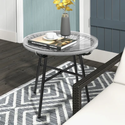 Outsunny Table Basse Ronde Rotin Résine Métal Verre Ø50cm Gris