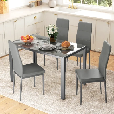 HOMCOM 5-Piece Dining Set Glass Table Faux Leather Chairs Grey