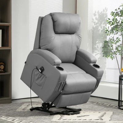 HOMCOM Elektrischer Relaxsessel mit Aufstehhilfe, Getränkehalter, 4 Taschen, 84x92x109 cm, Hellgrau