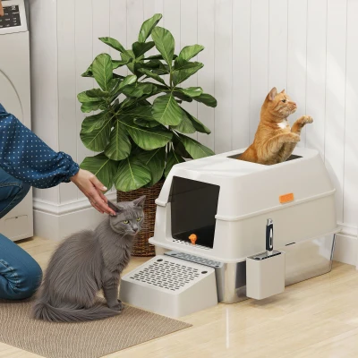 PawHut Arenero para Gatos Cubierto de Acero Inoxidable con Paso de Salida y Pala de Acero Inoxidable Gris Claro