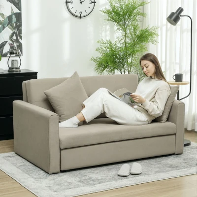 HOMCOM 2-Seater Sofa Bed Modern Fabric Light Brown