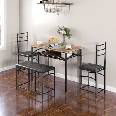 HOMCOM 4-teiliges Esszimmer-Set, Platzsparendes Set aus Tisch, 2 Stühlen und Bank, für kleine Räume, Metall, Holz, Braun
