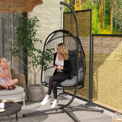 Outsunny Hangstoel Hangkorf met Kussen van Polyrattan, Schommel voor Binnen en Buiten, inklapbaar, belastbaar tot 150kg - Donkergrijs