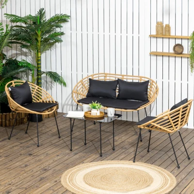 Outsunny Conjunto de Móveis de Jardim em Vime Sintético 4 Peças com 1 Sofá Duplo 2 Poltronas e Mesa de Vidro Madeira e Preto
