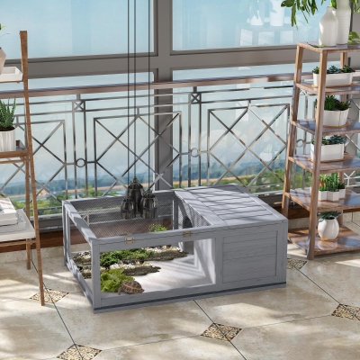 PawHut Terrario para Reptéis Casa para Tartarugas de Madeira com Painéis Laterais Transparentes e Trava 91x60,5x32 cm Cinza
