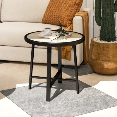 Outsunny Round Garden Table 50.5cm Metal Frame Nature Wood