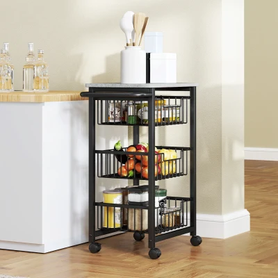 HOMCOM Fruteira para Cozinha Carrinho de Cozinha com 3 Cestas e Estrutura de Aço 49,5x31x69 cm Cinza Claro