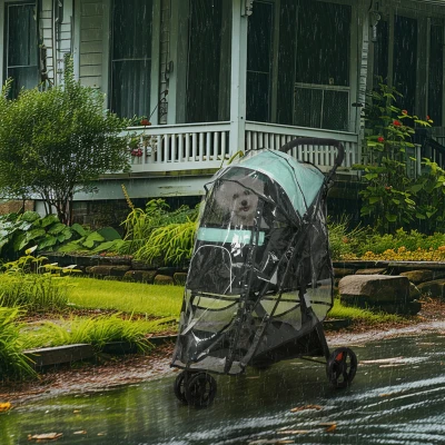 PawHut Huisdierbuggy inklapbaar met regenhoes, 2 drankhouders, blauw + groen