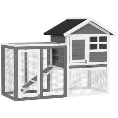 PawHut Clapier cage à lapins multi-équipé : niche supérieure avec rampe, plateau excrément, fenêtre + enclos extérieur