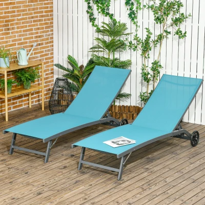 Outsunny Conjunto de 2 Espreguiçadeiras para Exterior com Encosto Ajustável em 5 Níveis e Rodas para Praia Piscina 165x66x102 cm Azul