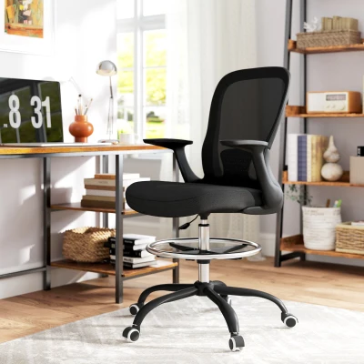 HOMCOM Ergonomic Draughtsman Chair Black with Flip-up Armrest