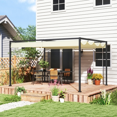 Outsunny Pérgola 400x300x222 cm Pérgola de Jardim com Teto Retrátil de Poliéster com Revestimento para Celebrações Festas Casamento Creme