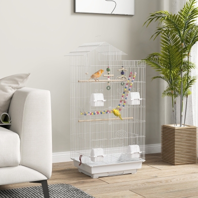 PawHut Gaiola para Passáros de Metal com Portas 4 Comedouros 3 Poleiros Baloiço Escadas e Bandeja Removível  46x36x100 cm Branco