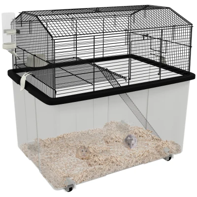 PawHut Gaiola para Hamsters Casa para Pequenos Roedores com Comedouro Bebedouro Rampa e Roda 57x43x57 cm Preto