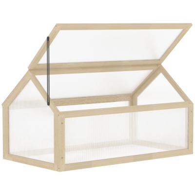 Outsunny Mini-broeikas, Compacte plantenkas van hout, Polycarbonaat platen, Ventilatieopening, 90L x 52B x 49,5H cm, Natuur