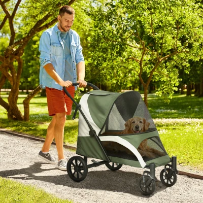 PawHut Składany Wózek dla Psów, Buggy dla Dużych Psów z 4 Kołami, Pasami Bezpieczeństwa, Hamulcami, Ciemnozielony