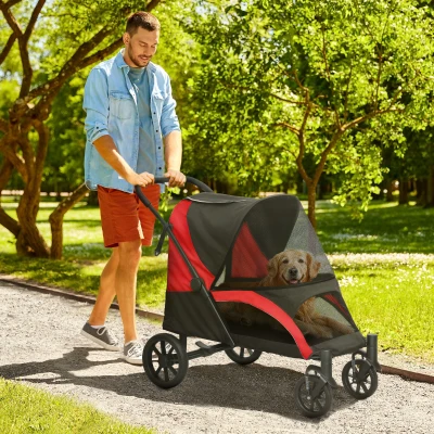 PawHut Składany Wózek dla Dużych Psów, Buggy dla Zwierząt z 4 Kołami, Smycze Bezpieczeństwa, Hamulce, Czarny