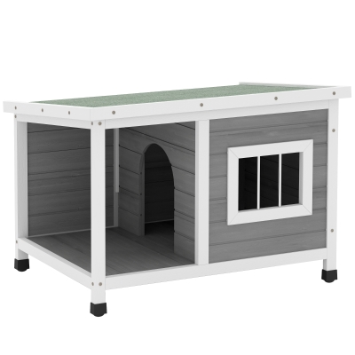 PawHut Casa para Cães de Madeira Casa para Animais de Estimação com Teto Asfáltico Impermeável e Janela 85,5x62x60cm Cinza