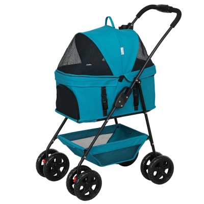 PawHut 3-in-1 Huisdierenbuggy, Opvouwbare Hondenwagen met 4 Wielen en Afneembare Drager voor Honden en Katten Turquoise