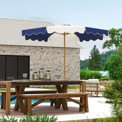 Outsunny Chapéu de Sol de Jardim Ø267 cm Chapéu de Sol de Exterior com Ângulo Inclinável e Manivela Proteção UV 50+ Azul e Branco