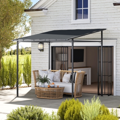 Outsunny Pérgola de Parede 2,4x2,4 m Pérgola de Jardim com Teto Inclinado Proteção UV 30+ Impermeável e Estrutura de Metal Cinza