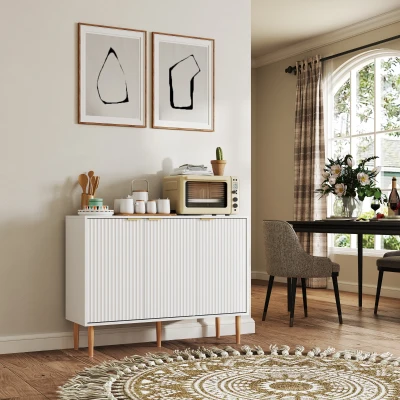 HOMCOM Aparador de Salón con Estante Ajustable Aparador de 3 Puertas Acanaladas 107x35x80 cm Blanco