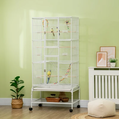 PawHut Gaiola para Pássaros com Rodas de 3 Níveis com 3 Poleiros Comedouros Brinquedos Rampas e Prateleira 83x53x180 cm Branco