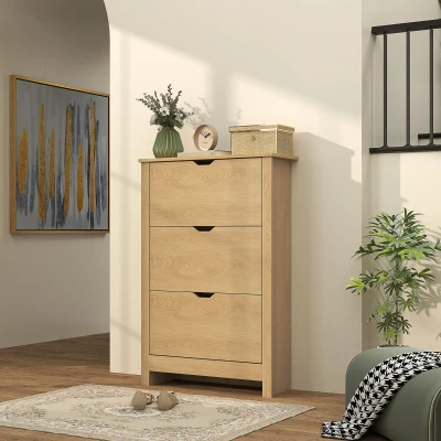 HOMCOM Slim Shoe Cabinet Natural Wood 3 Drawers 18 Pairs