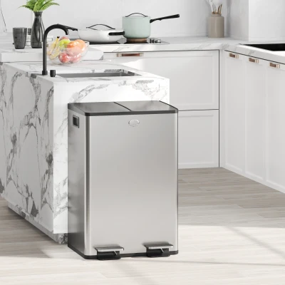 HOMCOM Poubelle Double 2x28L Fermeture Douce Seaux Amovibles