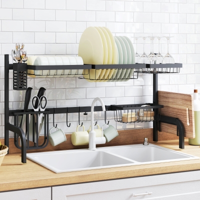 HOMCOM Adjustable Dish Drainer Rack Over Sink Black