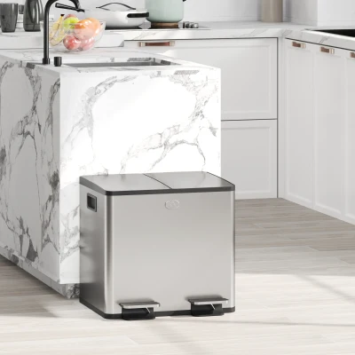 HOMCOM Balde de Lixo de Cozinha com 2 Compartimentos 2x15L Pedal Tampa de Fechamento Suave e Cubo Amovível Prata