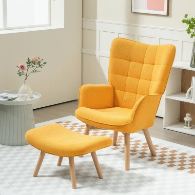 HOMCOM Accent Chair with Ottoman, Recliner in Corduroy Look, Armchair with Wood Legs, for Living Room, Orange