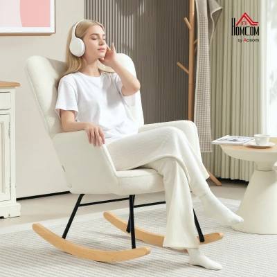 HOMCOM Rocking Chair in Fleece Look with Armrests, Ergonomic Armchair with Wooden Rockers, for Living Room, Bedroom, White