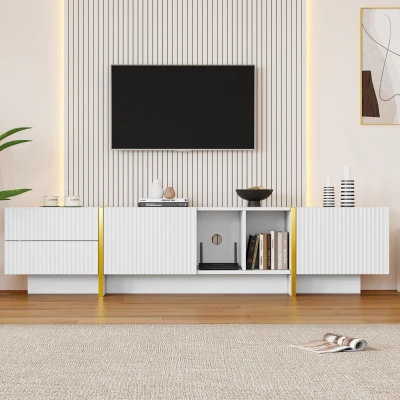 Modern TV Stand with Storage Cabinet for 85-Inch TV, White+Gold