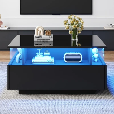 Modern LED Coffee Table with 2 Sliding Drawers and Smart App Control, Black