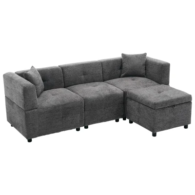 L-Shaped Sectional Sofa with Removable Storage Ottoman and 2 Pillows, Grey